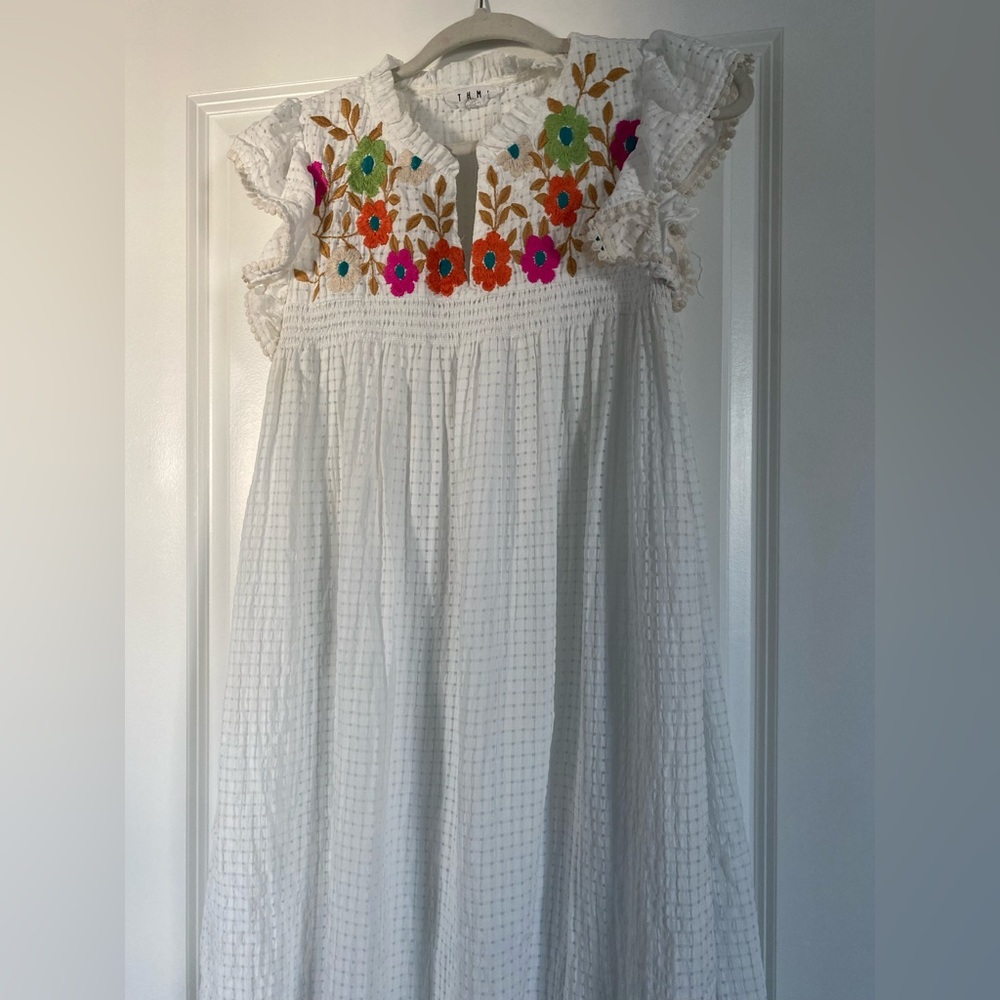 THML White Mini Dress with Vibrant Floral Embroidery